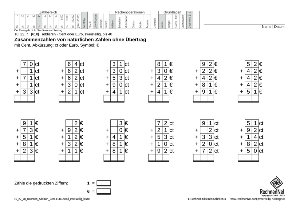 10_22_7 Rechnen Addition Cent-Euro zweistellig bis40