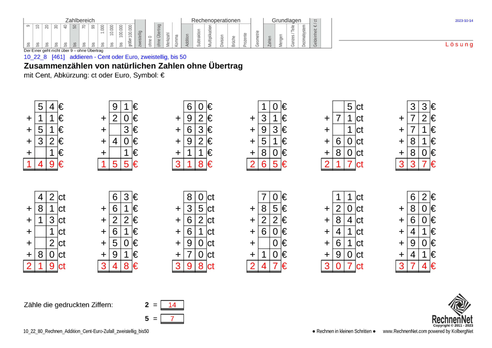 Lösung: 10_22_8 Rechnen Addition Cent-Euro zweistellig bis50