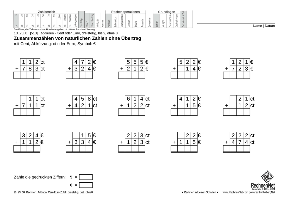 10_23_0 Rechnen Addition Cent-Euro dreistellig bis9 ohne0