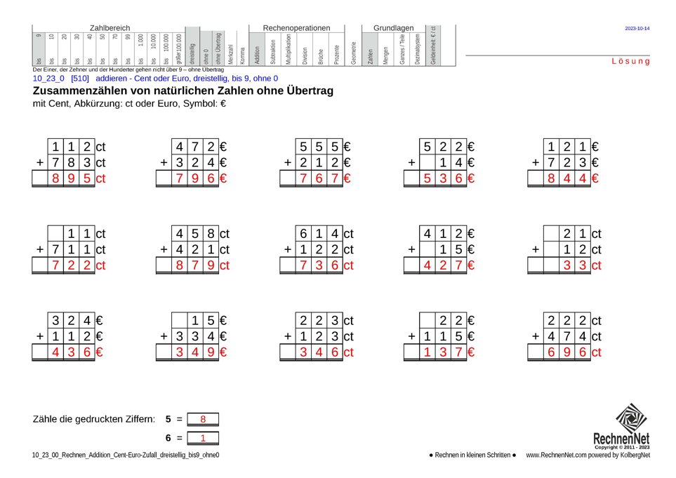 Lösung: 10_23_0 Rechnen Addition Cent-Euro dreistellig bis9 ohne0