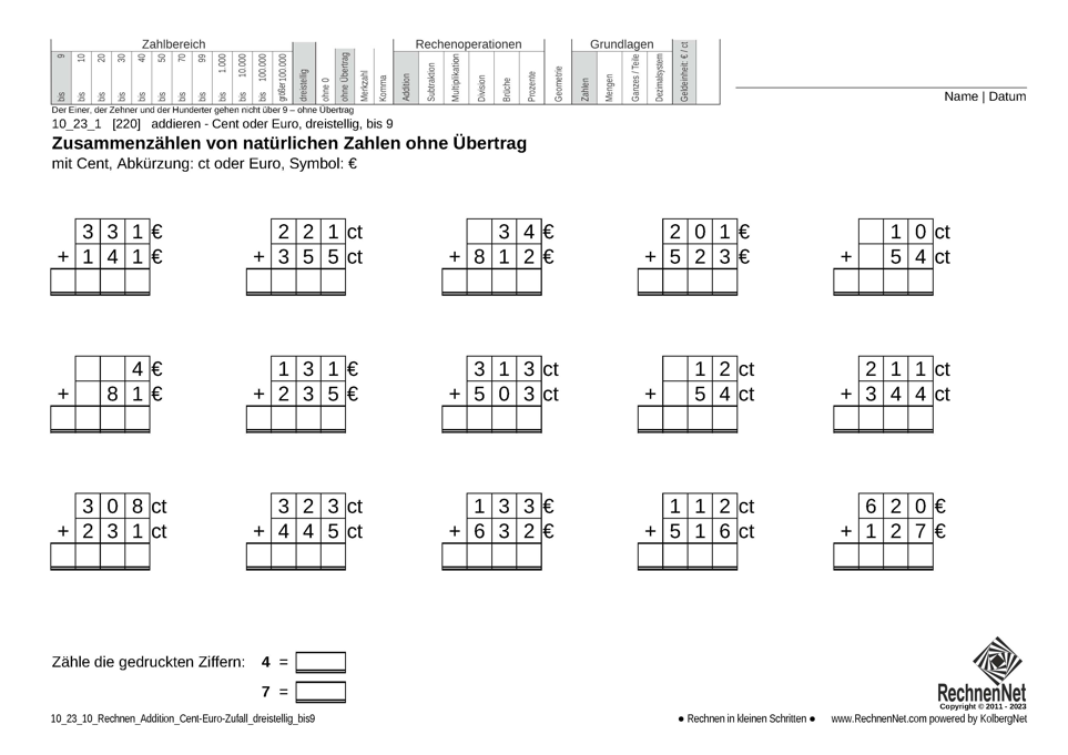 10_23_1 Rechnen Addition Cent-Euro dreistellig bis9