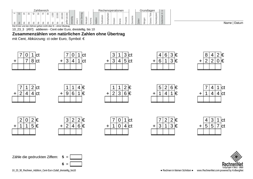 10_23_3 Rechnen Addition Cent-Euro dreistellig bis10