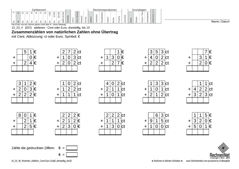10_23_4 Rechnen Addition Cent-Euro dreistellig bis10