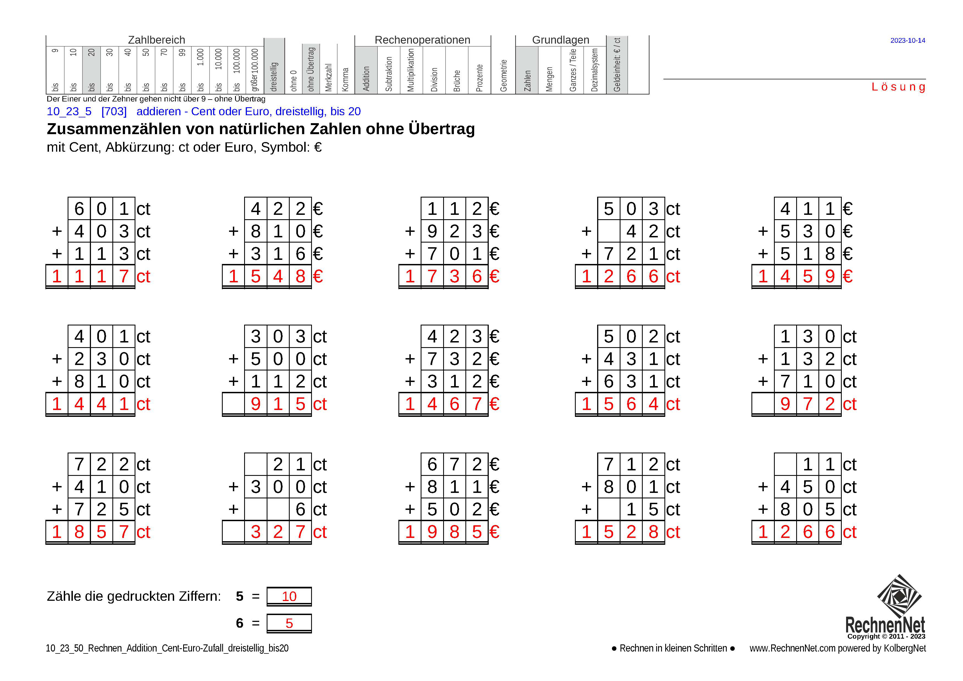 Lösung: 10_23_5 Rechnen Addition Cent-Euro dreistellig bis20