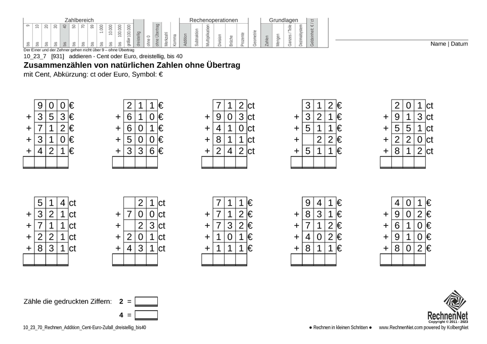 10_23_7 Rechnen Addition Cent-Euro dreistellig bis40