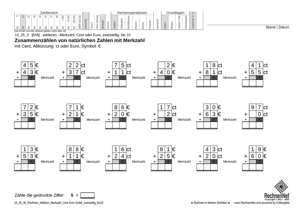 10_25_3 Rechnen Addition Merkzahl Cent-Euro zweistellig bis10