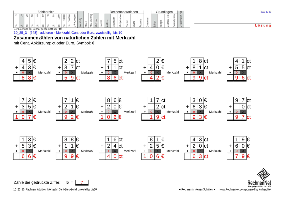 Lösung: 10_25_3 Rechnen Addition Merkzahl Cent-Euro zweistellig bis10