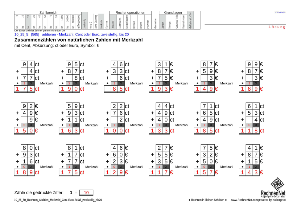 Lösung: 10_25_5 Rechnen Addition Merkzahl Cent-Euro zweistellig bis20