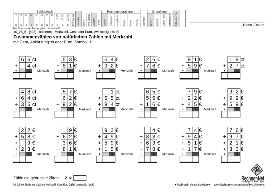 10_25_6 Rechnen Addition Merkzahl Cent-Euro zweistellig bis30