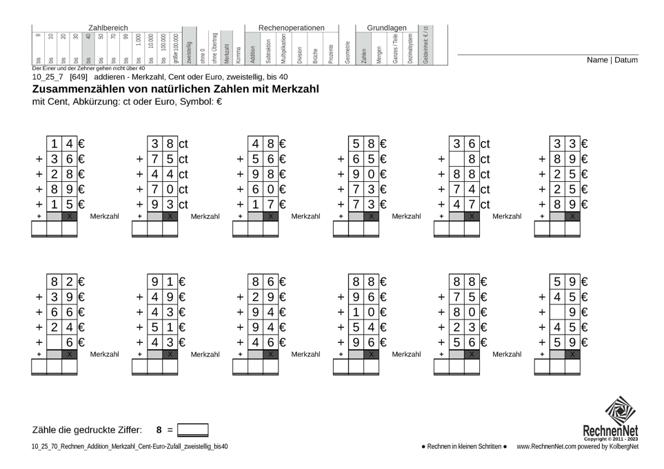 10_25_7 Rechnen Addition Merkzahl Cent-Euro zweistellig bis40