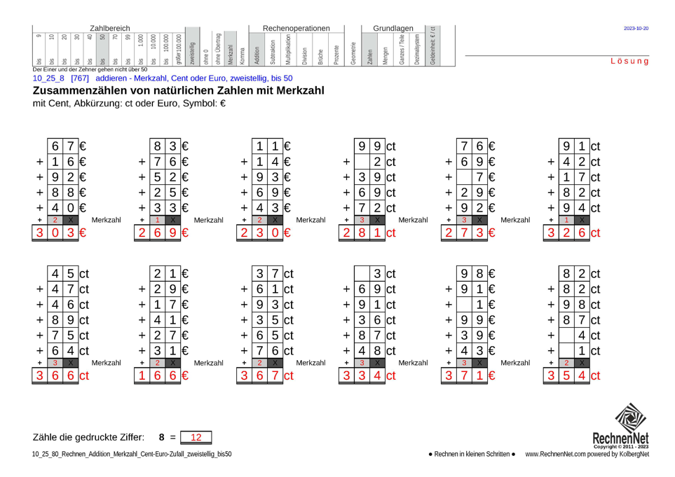 Lösung: 10_25_8 Rechnen Addition Merkzahl Cent-Euro zweistellig bis50