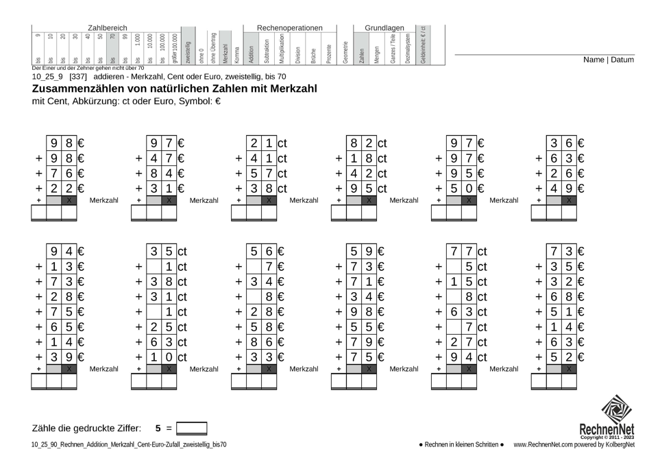 10_25_9 Rechnen Addition Merkzahl Cent-Euro zweistellig bis70