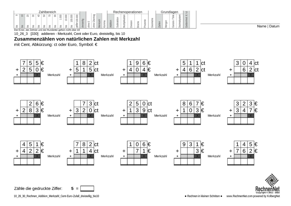 10_26_3 Rechnen Addition Merkzahl Cent-Euro dreistellig bis10