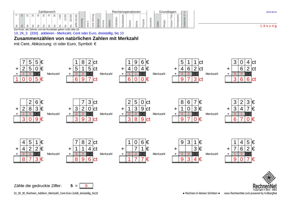 Lösung: 10_26_3 Rechnen Addition Merkzahl Cent-Euro dreistellig bis10