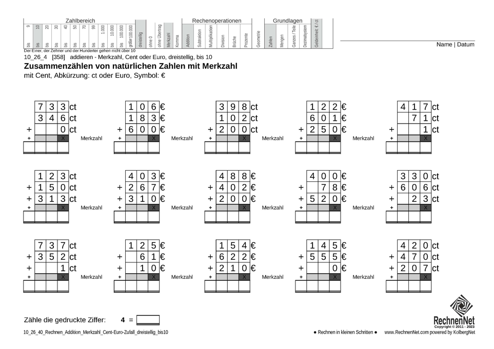 10_26_4 Rechnen Addition Merkzahl Cent-Euro dreistellig bis10