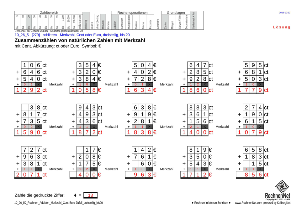 Lösung: 10_26_5 Rechnen Addition Merkzahl Cent-Euro dreistellig bis20