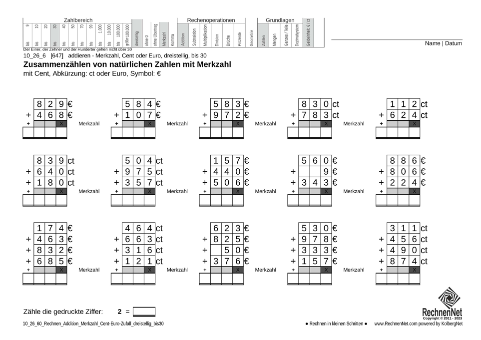 10_26_6 Rechnen Addition Merkzahl Cent-Euro dreistellig bis30