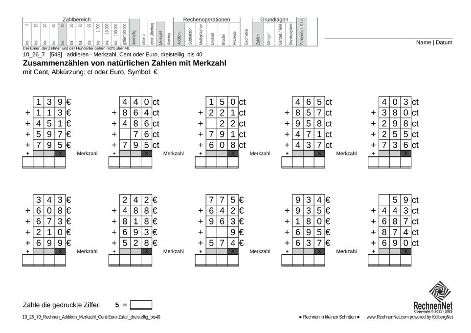 10_26_7 Rechnen Addition Merkzahl Cent-Euro dreistellig bis40