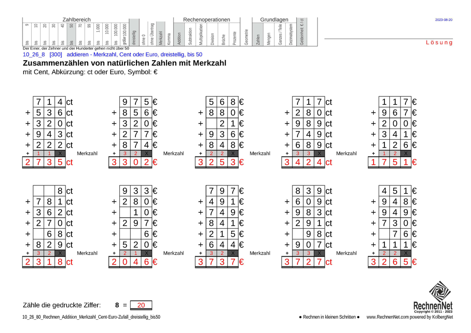 Lösung: 10_26_8 Rechnen Addition Merkzahl Cent-Euro dreistellig bis50
