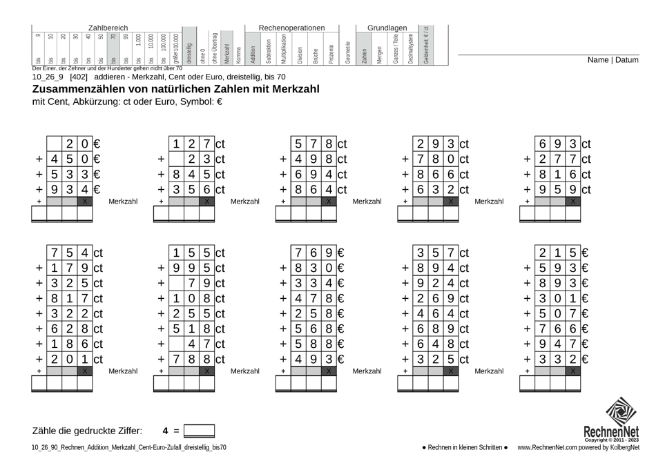 10_26_9 Rechnen Addition Merkzahl Cent-Euro dreistellig bis70