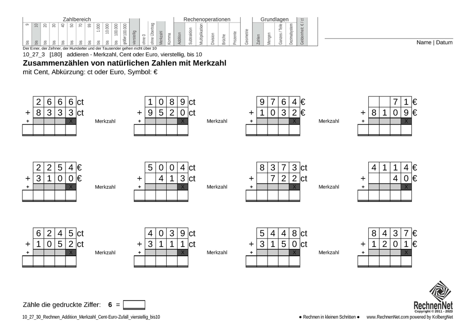10_27_3 Rechnen Addition Merkzahl Cent-Euro vierstellig bis10