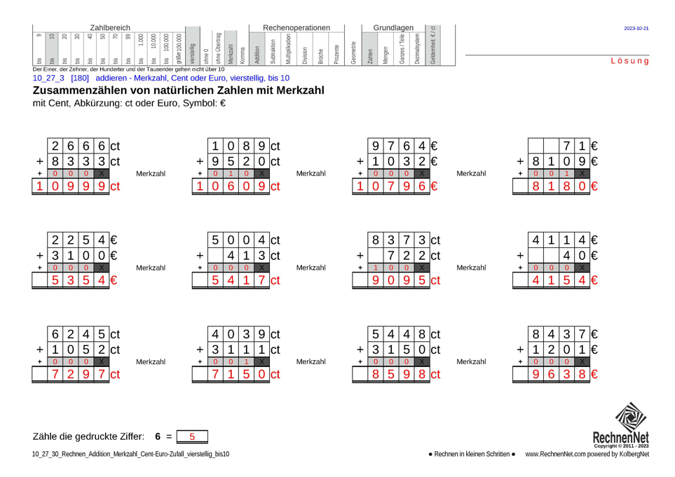 Lösung: 10_27_3 Rechnen Addition Merkzahl Cent-Euro vierstellig bis10