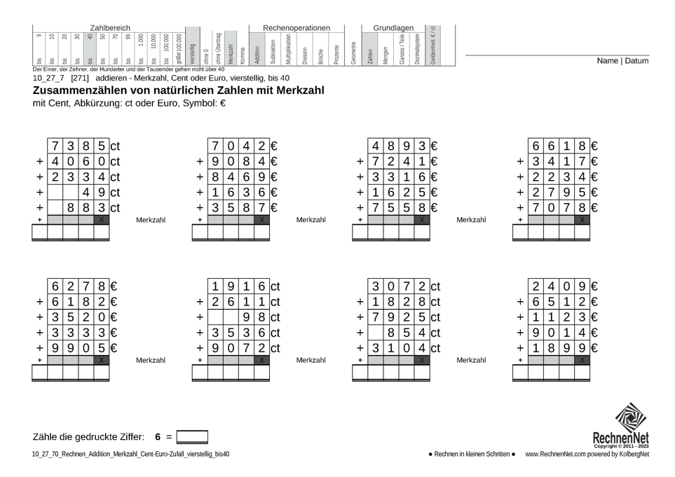 10_27_7 Rechnen Addition Merkzahl Cent-Euro vierstellig bis40