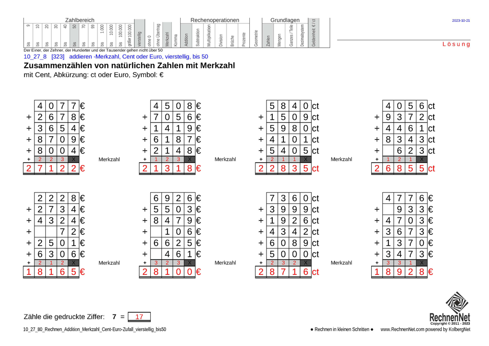 Lösung: 10_27_8 Rechnen Addition Merkzahl Cent-Euro vierstellig bis50