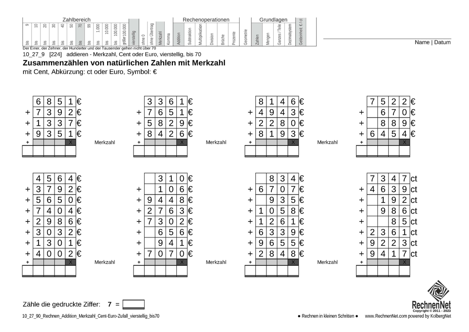 10_27_9 Rechnen Addition Merkzahl Cent-Euro vierstellig bis70
