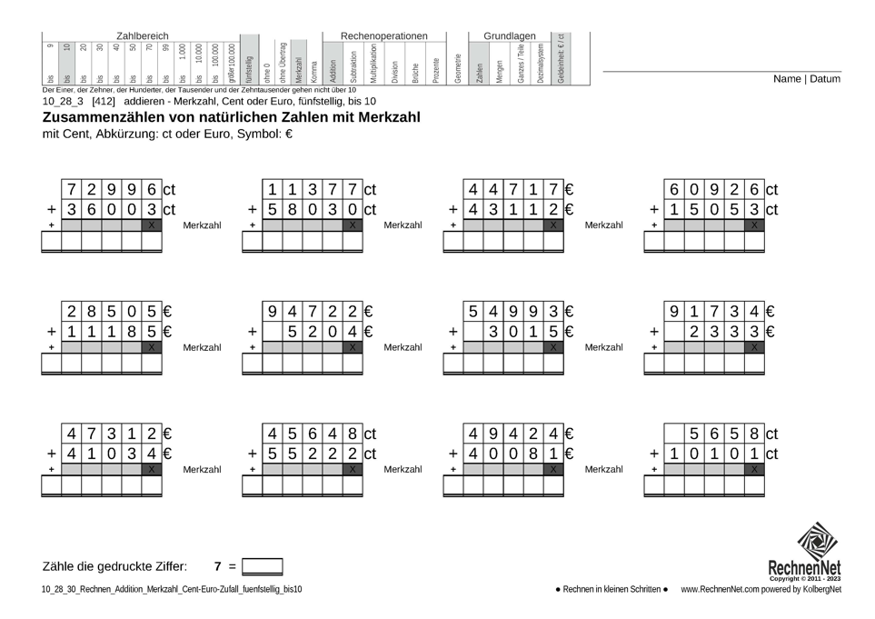 10_28_3 Rechnen Addition Merkzahl Cent-Euro fünfstellig bis10