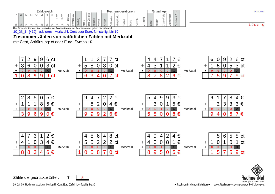 Lösung: 10_28_3 Rechnen Addition Merkzahl Cent-Euro fünfstellig bis10