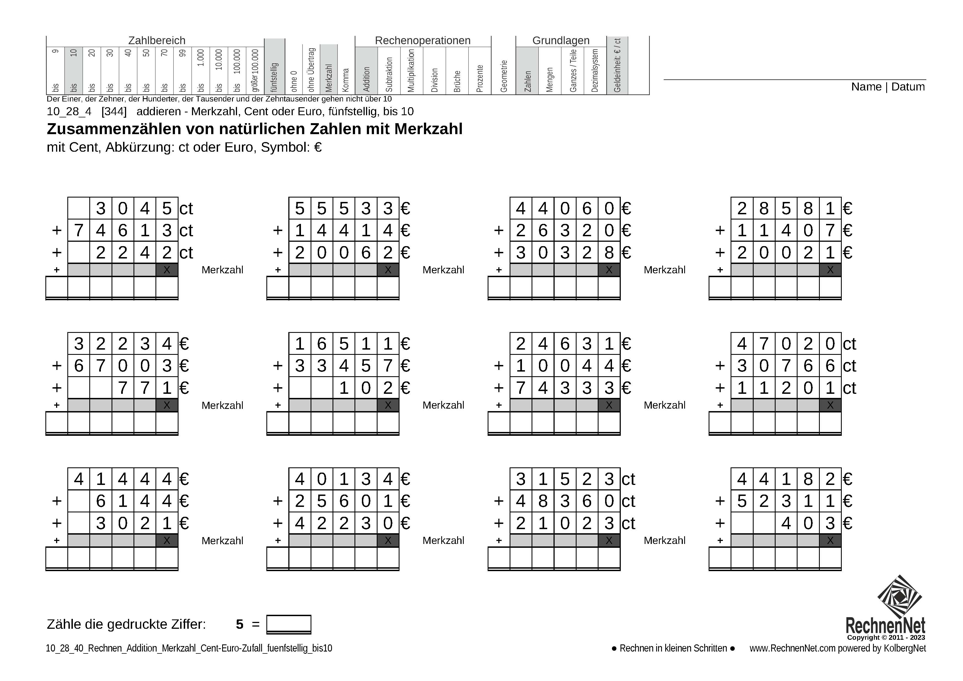 10_28_4 Rechnen Addition Merkzahl Cent-Euro fünfstellig bis10