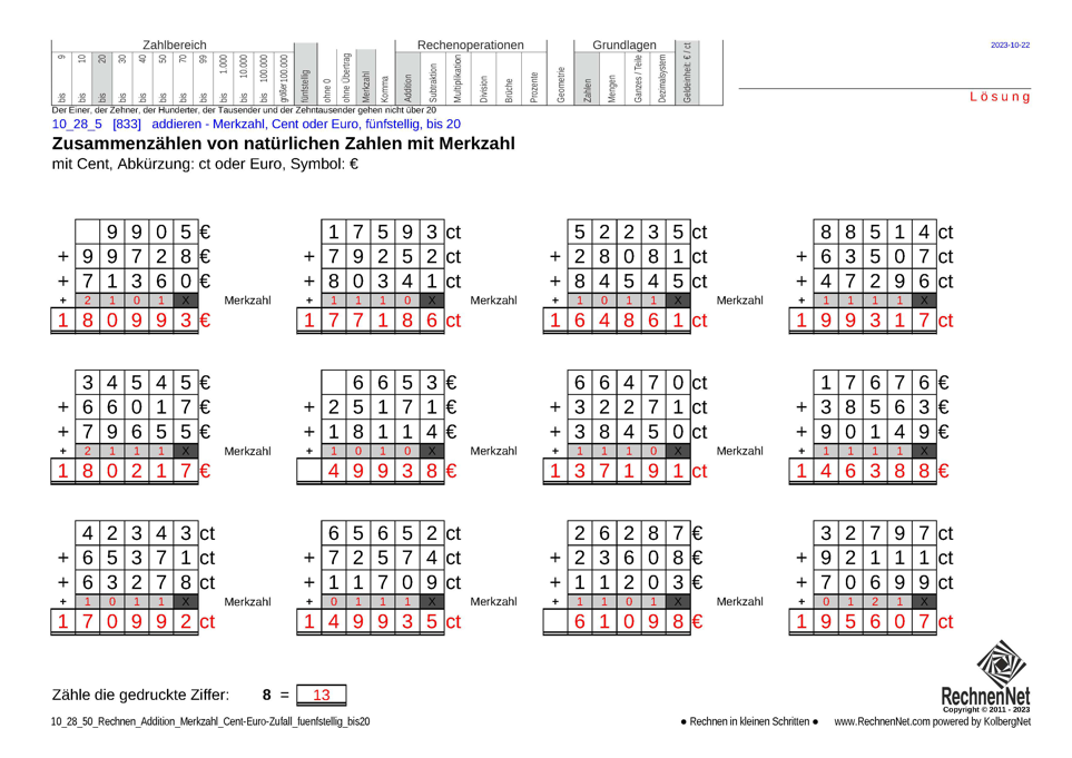 Lösung: 10_28_5 Rechnen Addition Merkzahl Cent-Euro fünfstellig bis20