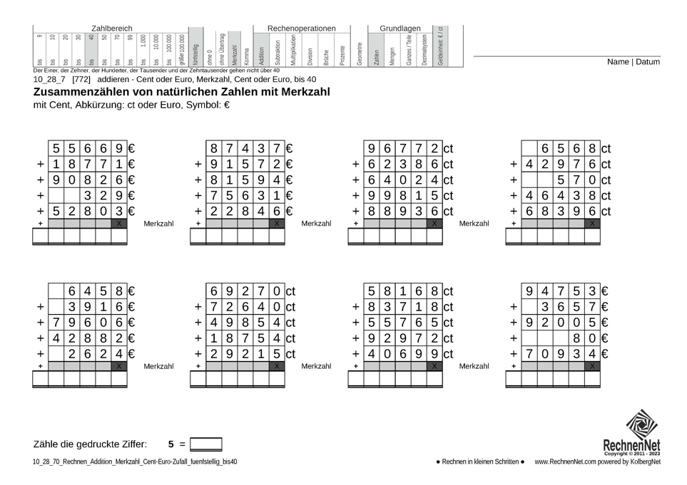 10_28_7 Rechnen Addition Merkzahl Cent-Euro fünfstellig bis40