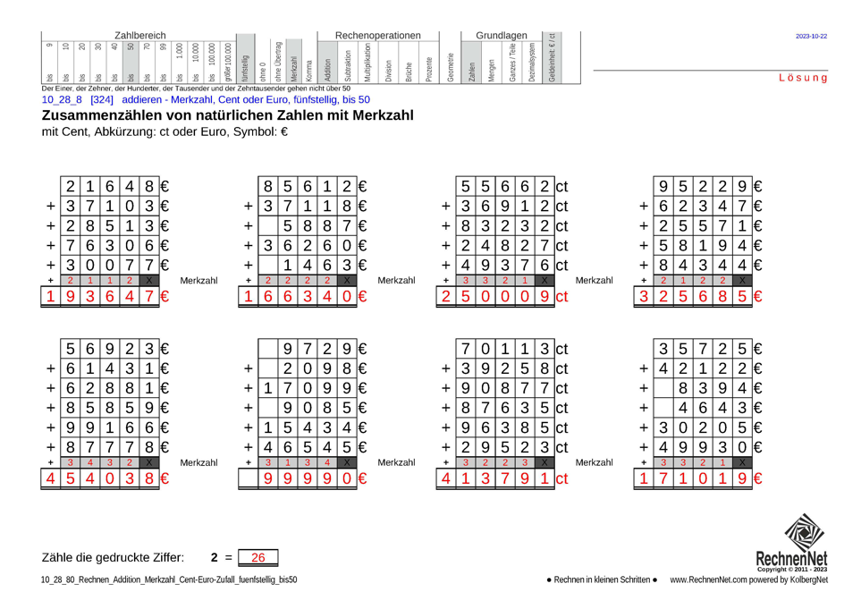 Lösung: 10_28_8 Rechnen Addition Merkzahl Cent-Euro fünfstellig bis50