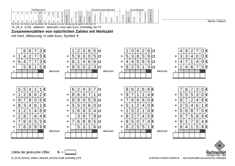 10_28_9 Rechnen Addition Merkzahl Cent-Euro fünfstellig bis70