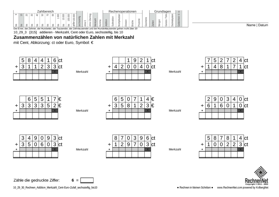 10_29_3 Rechnen Addition Merkzahl Cent-Euro sechsstellig bis10
