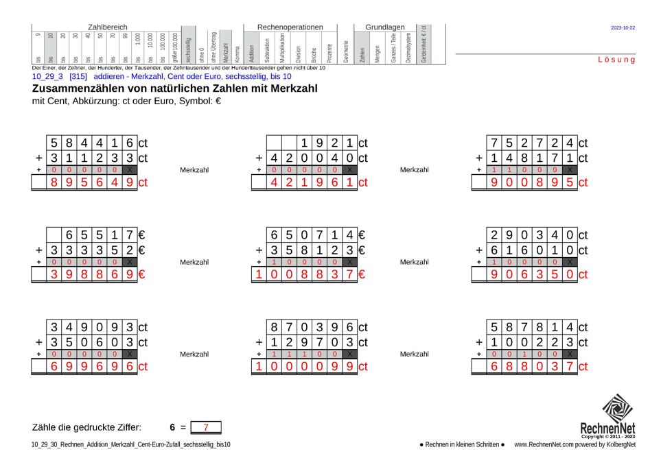Lösung: 10_29_3 Rechnen Addition Merkzahl Cent-Euro sechsstellig bis10