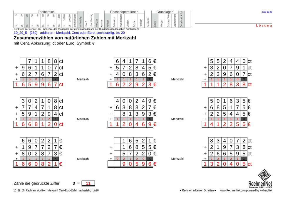 Lösung: 10_29_5 Rechnen Addition Merkzahl Cent-Euro sechsstellig bis20