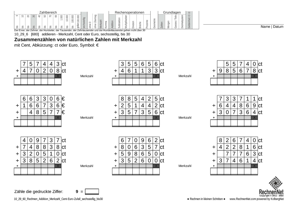 10_29_6 Rechnen Addition Merkzahl Cent-Euro sechsstellig bis30