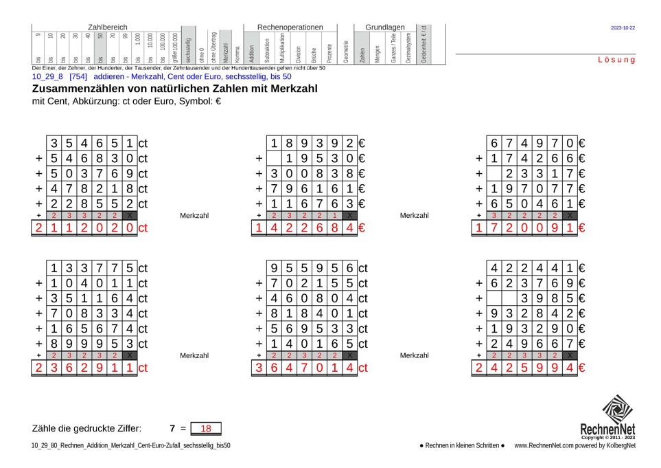 Lösung: 10_29_8 Rechnen Addition Merkzahl Cent-Euro sechsstellig bis50