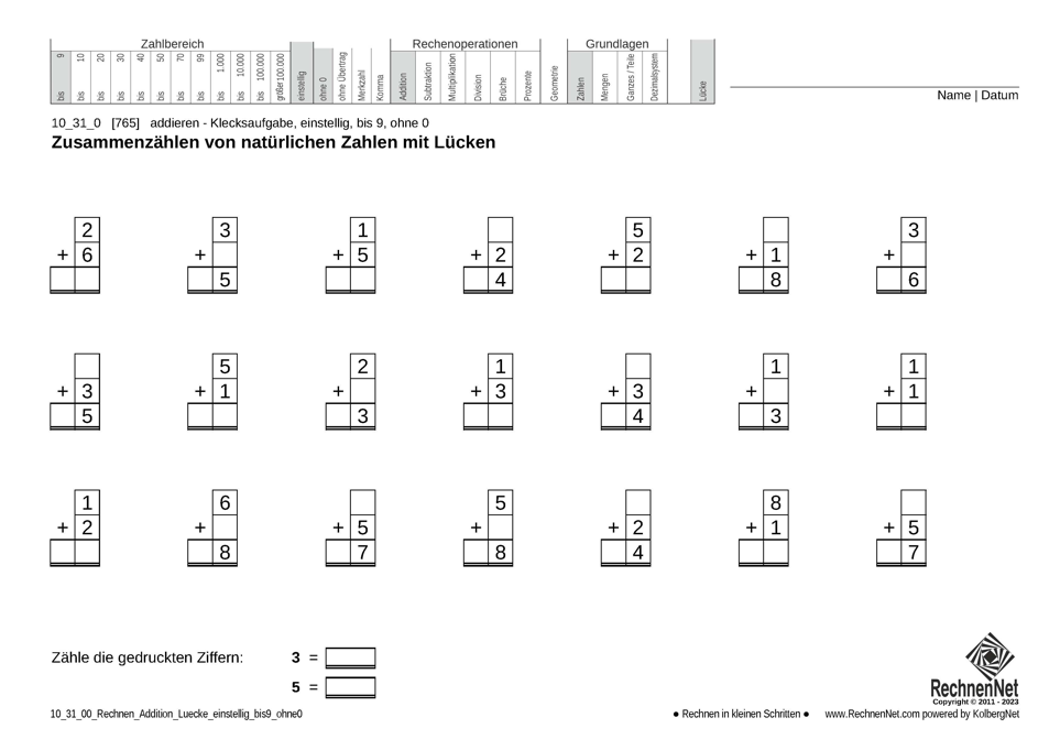 10_31_0 Rechnen Addition Lücke einstellig bis9 ohne0