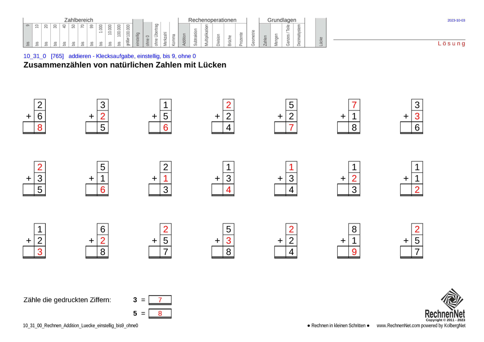 Lösung: 10_31_0 Rechnen Addition Lücke einstellig bis9 ohne0
