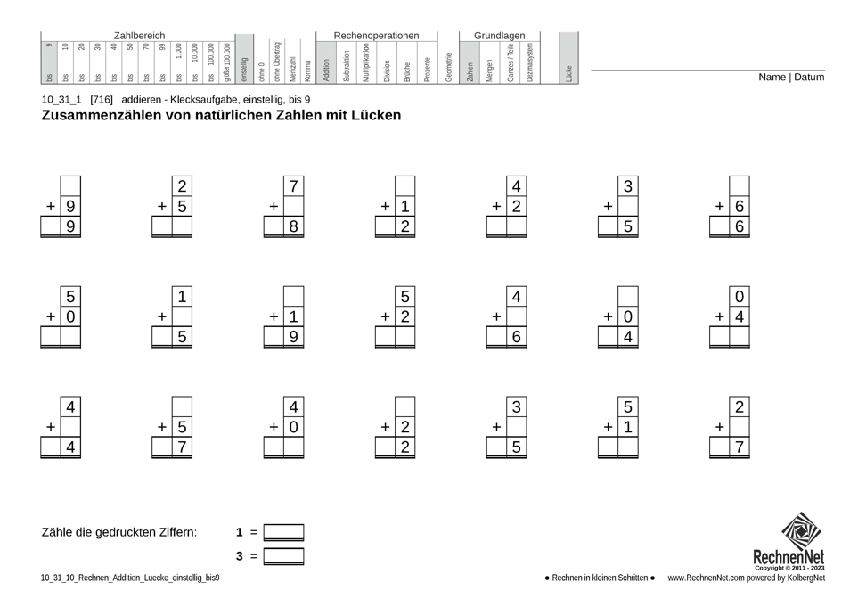 10_31_1 Rechnen Addition Lücke einstellig bis9