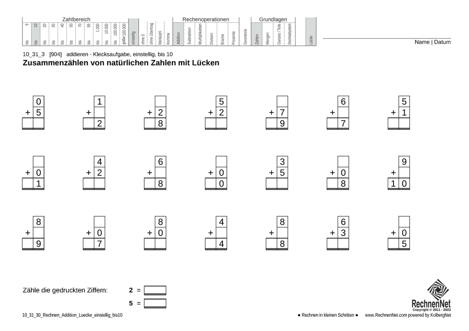 10_31_3 Rechnen Addition Lücke einstellig bis10