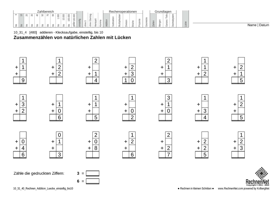 10_31_4 Rechnen Addition Lücke einstellig bis10