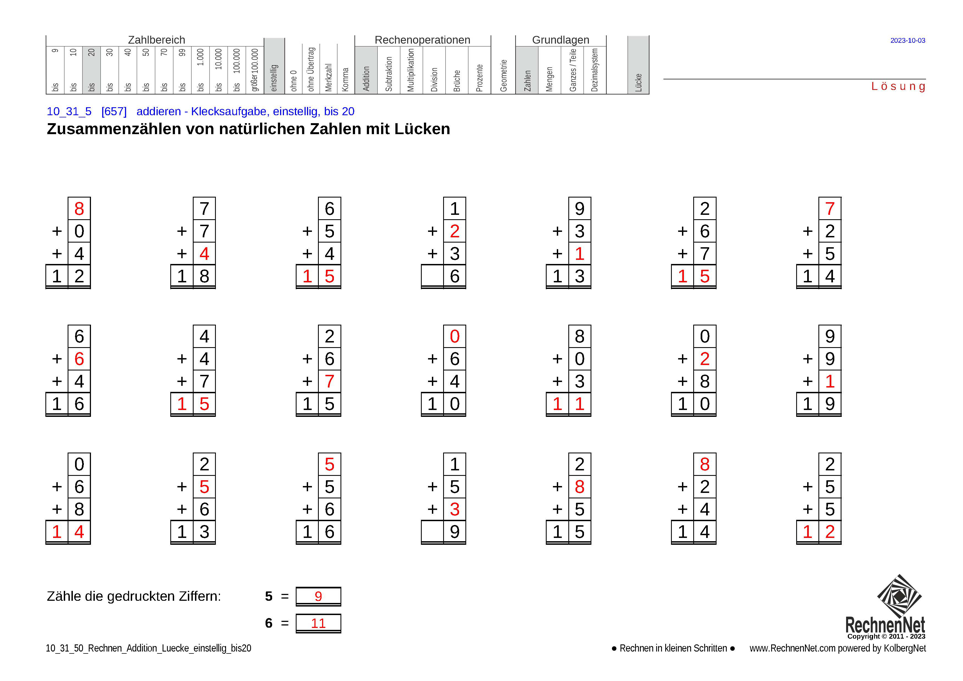 Lösung: 10_31_5 Rechnen Addition Lücke einstellig bis20