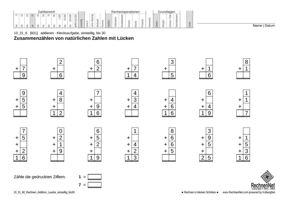 10_31_6 Rechnen Addition Lücke einstellig bis30