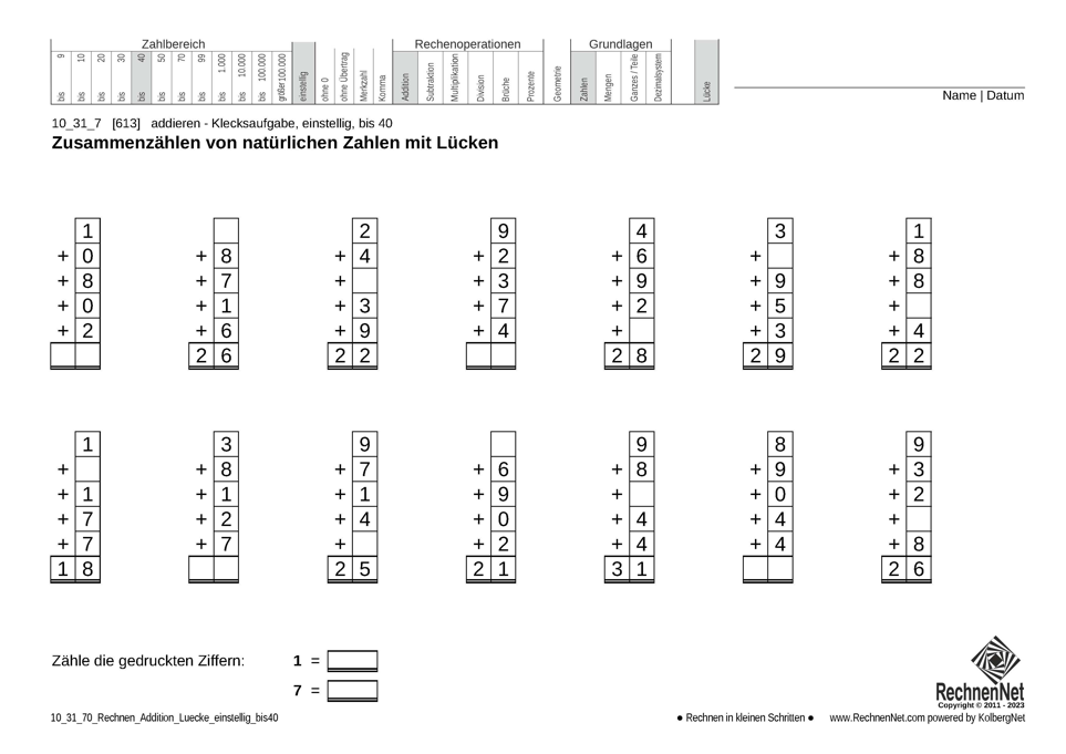10_31_7 Rechnen Addition Lücke einstellig bis40