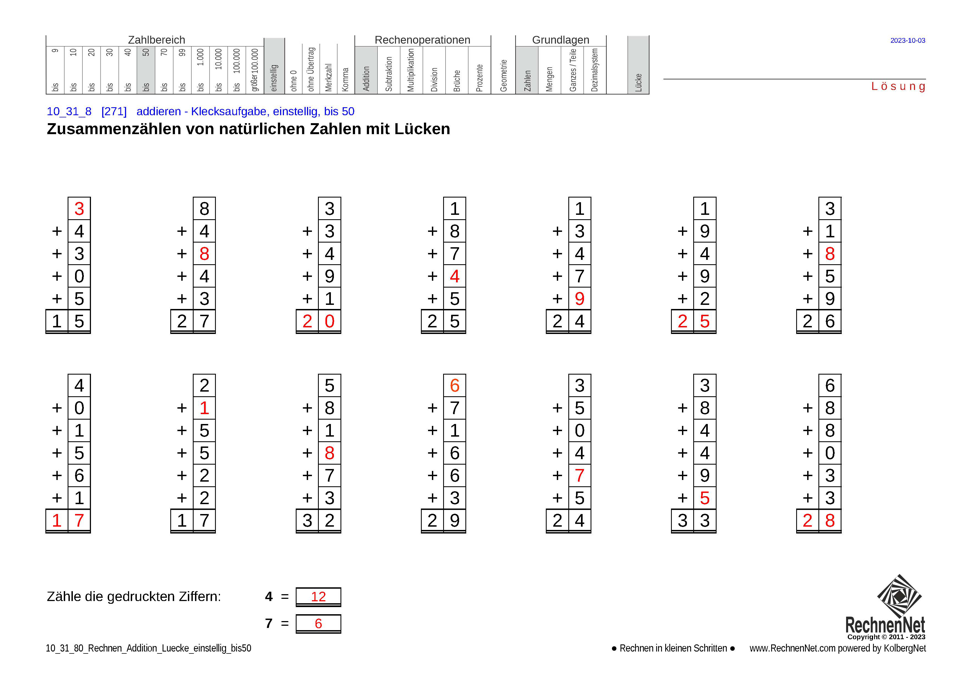 Lösung: 10_31_8 Rechnen Addition Lücke einstellig bis50